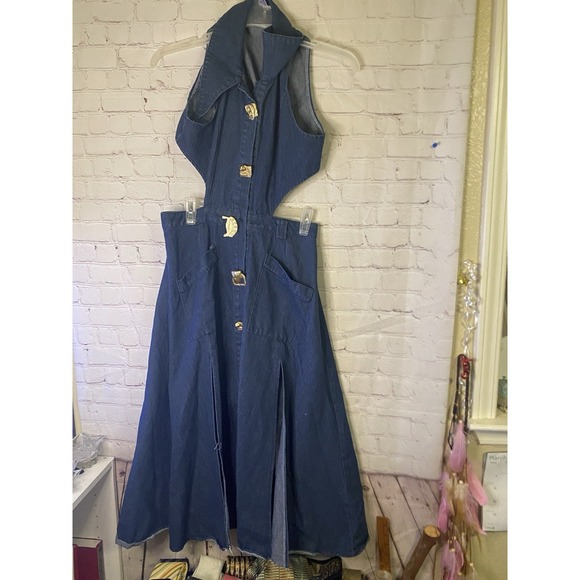 Bamms Dresses & Skirts - Bamms ARTSY DOUBLE SLIT HALTER DENIM MAXI Large